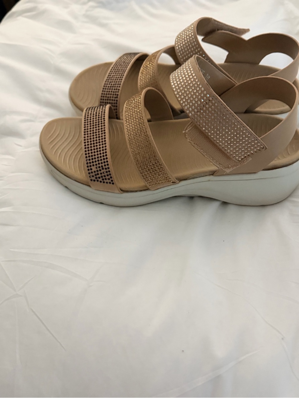 Spring Step Nude/Tan Rhinestone Triple-Strap Sandals - Picture 3 of 5